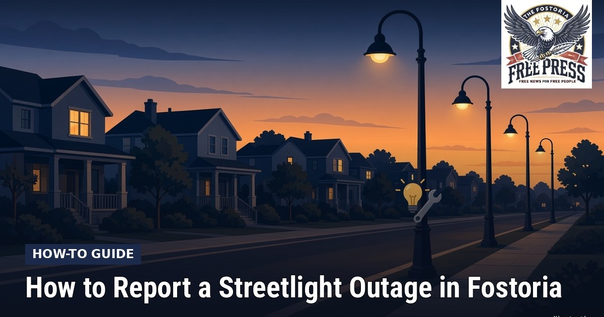 Fostoria News How to report a streetlight outage in Fostoria – suburban skyline at dusk.